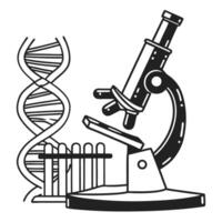 Microscope with dna helix and test tubes in laboratory science illustration vector