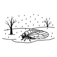 Cicada resting in rainy landscape insect illustration with bare trees and raindrops vector