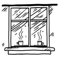 Illustration of two steaming coffee mugs on a window ledge with a simple line art vector