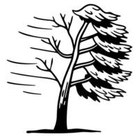 Windblown tree illustration with swaying branches in dynamic black and white vector