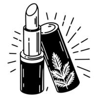 elegant illustrated lipstick with botanical design, open cap and radiant highlights in monochrome vector