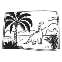 dinosaur in prehistoric landscape palm tree, mountains, and flying birds in a simple line art vector