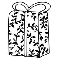 Gift wrapped with decorative leaf pattern, present box with ribbon and bow, nature inspired design vector