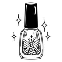 Decorative nail polish bottle with sparkles and star design, black and white illustration vector