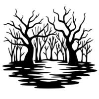 Silhouette of leafless trees over reflective water in eerie forest scene vector