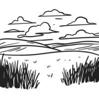 Black and white landscape illustration rolling hills, fluffy clouds, grassy field in tranquil scenery vector