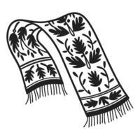 Ornate black and white patterned scarf with leaf motifs and fringed edges, elegant textile design vector