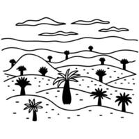abstract desert landscape with scattered palm trees and rolling hills under a cloudy sky, black and white illustration vector