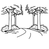 Illustrated forest path with tall trees and bushes, simple line art nature scene vector