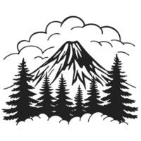 Mountain scene with pine trees and clouds in black and white illustration vector