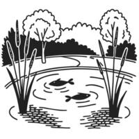 simple black and white illustration of a nature park with fish pond, trees, and reeds vector