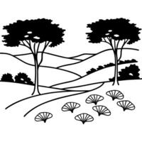 Minimalistic landscape illustration featuring trees, winding road, hills, and geometric patterns vector