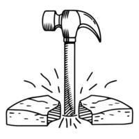 Hammer cracking block, impact illustration black and white sketch, tool and force concept vector