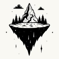 Floating Island with Mountain and Pine Trees in Minimalist Black and White Art vector