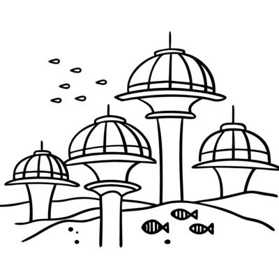Futuristic underwater city with dome structures and marine life