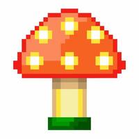 Pixel Art Mushroom Icon with Red Cap and Yellow Dots Retro Gaming Style Illustration vector