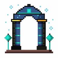 Pixel Art Portal Gateway with Magical Trees and Sparkling Stars vector