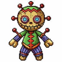 Pixel Art Voodoo Doll with Button Eyes and Colorful Costume vector