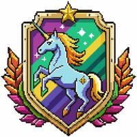 Pixel Art Unicorn Emblem with Star and Laurel Wreath in Vibrant Colors vector