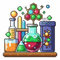 Retro Pixel Art Chemistry Set with Colorful Beakers and Molecules vector