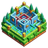Isometric Maze Colorful Cube Puzzle Adventure with Trees and Blocks vector