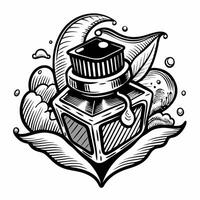 Vintage Ink Bottle with Feather and Scrolls in Black and White Design vector