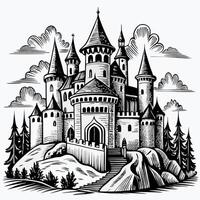 Fantasy Medieval Castle with Spires and Towers in Black and White Illustration vector