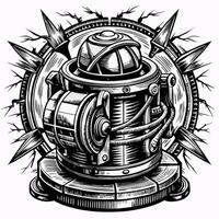 Futuristic Mechanical Device Illustration in Black and White with Detailed Components vector