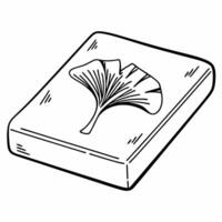 Ginkgo leaf on tablet illustration, rectangular shape, black and white line art, nature motif vector