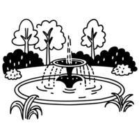 garden fountain scene, simplistic black and white illustration with trees and shrubs in a peaceful setting vector