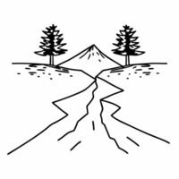 Simple mountain landscape with trees and winding path illustration minimalist line art vector