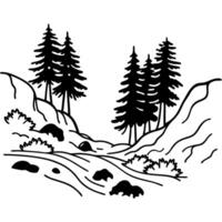 Black and white landscape with pine trees and flowing stream vector
