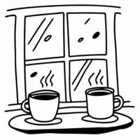 Two steaming coffee mugs on a windowsill with view of raindrops on window vector