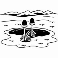Desert landscape with two mushrooms and mountain background in monochrome illustration vector