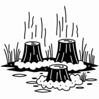 Tree stumps in nature black and white illustration of forest scene with grass and stumps vector