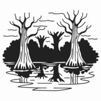 Abstract swamp forest illustration with bare trees and reflective waters vector
