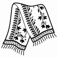 Decorative textile with floral patterns and fringe design, black and white illustration vector