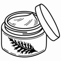 Open skincare cream jar with botanical leaf design, smooth moisturizing texture for beauty care vector