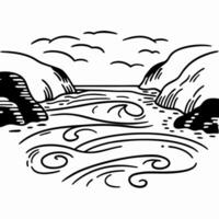 Abstract black and white landscape with swirling clouds and flowing river between hills vector