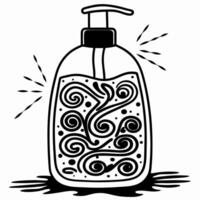 decorative soap dispenser with artistic swirl pattern, liquid hygiene container, black and white vector
