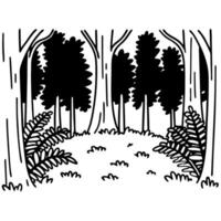 Black and white forest illustration with trees and ferns in a woodland scene vector