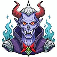 Pixel Art Vampire Character with Red Eyes and Horns in Dark Cloak vector