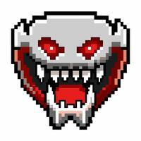 Pixel Art Vampire Skull with Red Eyes and Fangs Retro Gaming Icon vector