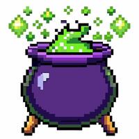 Pixel Art Magic Cauldron with Green Potion and Sparkling Bubbles vector