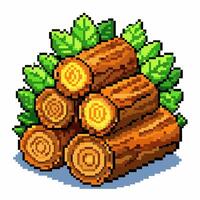 Pixel Art of Stacked Wooden Logs with Green Leaves in Retro Game Style vector