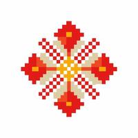 Geometric Pixel Art Pattern with Red and Yellow Floral Design vector