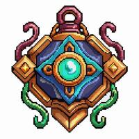 Retro Pixel Art Medallion with Gemstone and Tentacle Details in Vintage Game Style vector