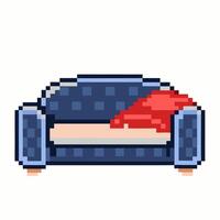 Pixel Art Cozy Sofa with Red Blanket Retro Furniture Design vector