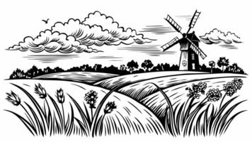 Rustic Windmill Landscape Black and White Countryside Illustration with Clouds and Wheat vector