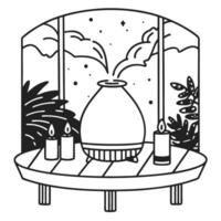 cozy aromatherapy setup with diffuser, candles, and plants on wooden table for relaxation vector